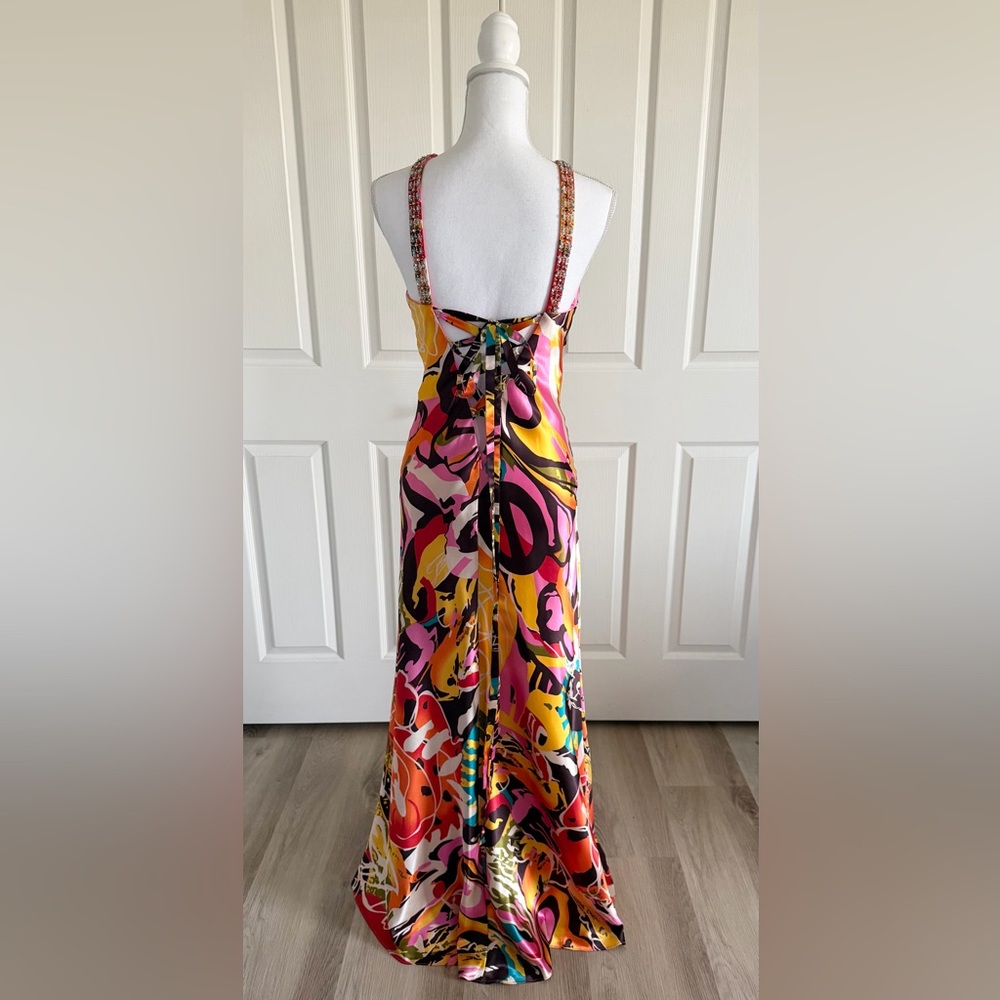 Faviana Couture Colorful Embellished Long Satin Maxi Dress Formal Gown Size 12 - Picture 2 of 16